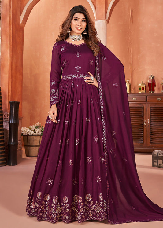 Wine Purple Festive Embroidered Art Silk Anarkali Suit - Emponline | Swadesiicart