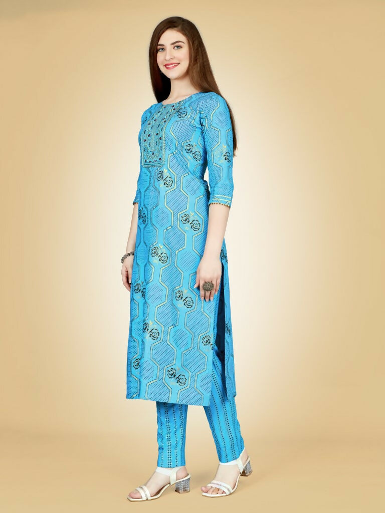 Jyoti Fashion Women's Sky Blue Viscose Rayon Embroidered Kurta Pant Set | Swadesiicart