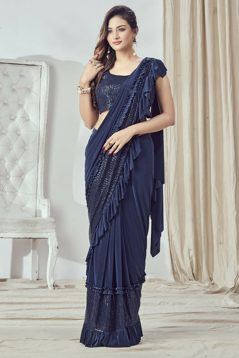 Mahotsav Women's Navy Blue Lycra Embellished Ready To Wear Saree With Stitched Blouse | Swadesiicart