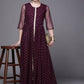Ahalyaa Women Burgundy Polka Dots Fit & Flare Maxi Ethnic Dress | Swadesiicart