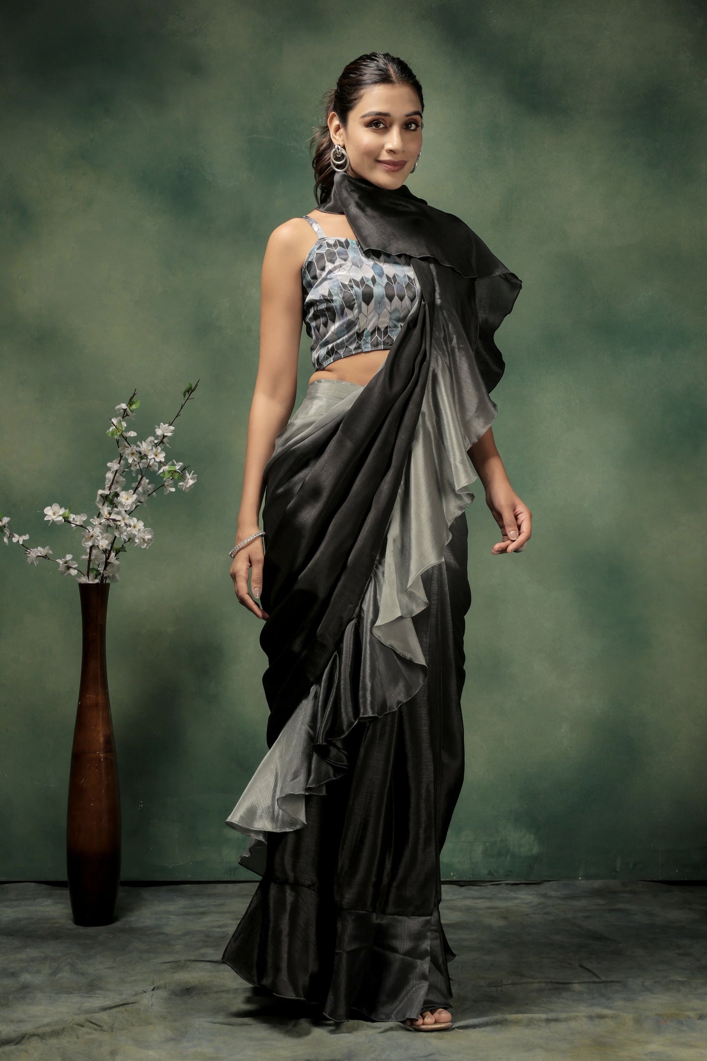 Grey Satin Solid Designer, Printed Party Wear Ready To Wear Saree - Nasreen | Swadesiicart