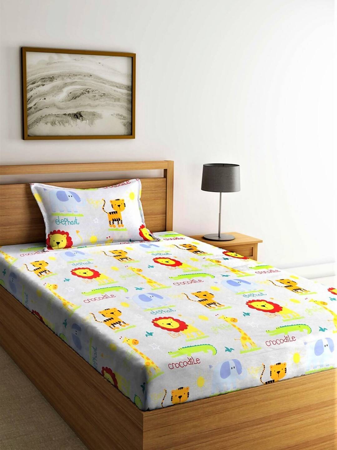 Home Sizzler White & Orange Cartoon Characters 210 TC Bedsheet with Pillow Covers - Swadesiicart