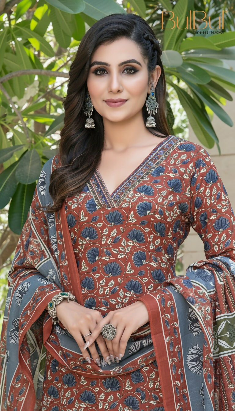 BulBul Fashionista Rust Cotton Kurta Set with Dupatta - Swadesiicart