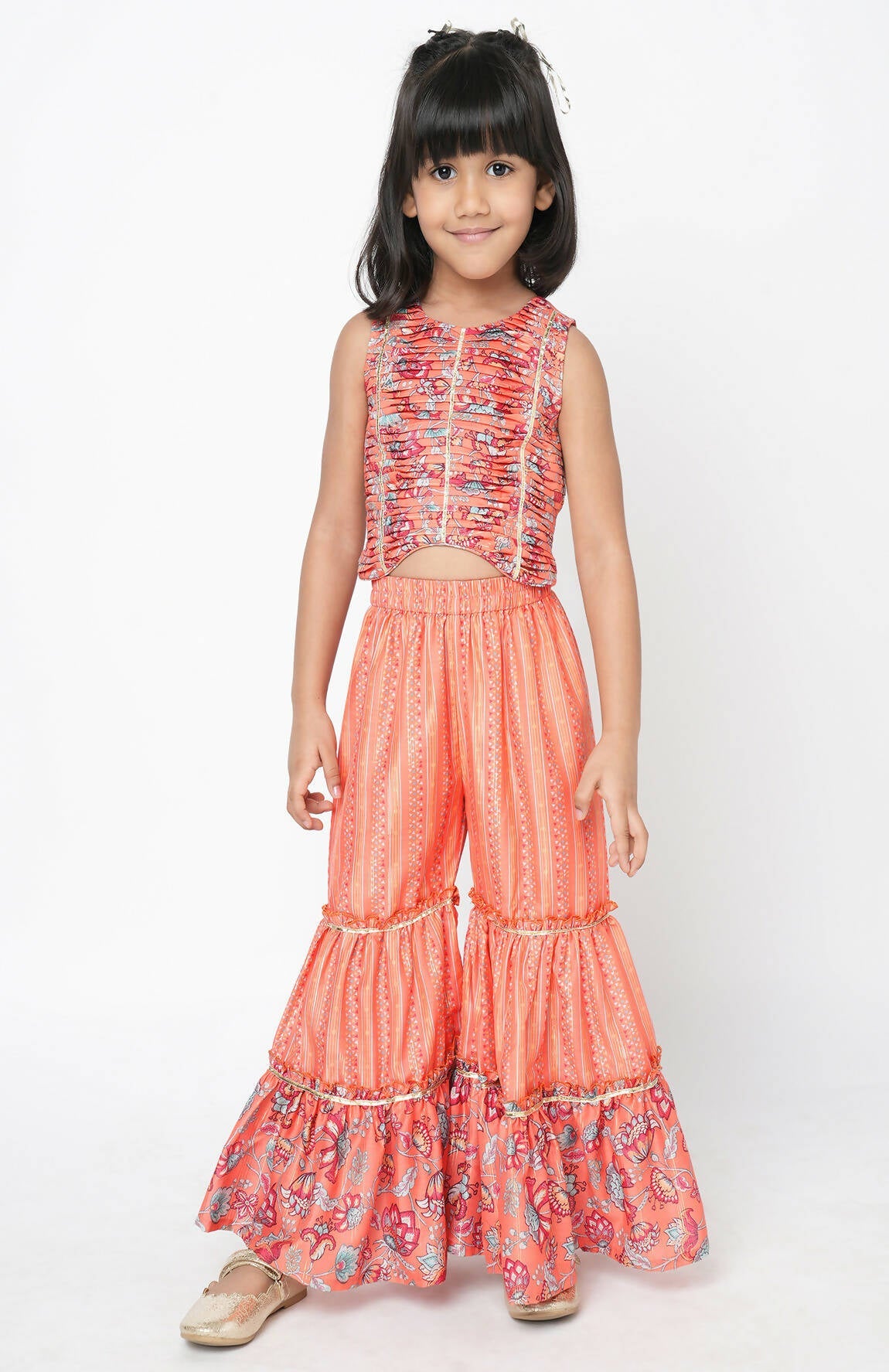 Lil Drama Golden Weaves Orange Crop Top With Palazzo Co-Ordinate Set - Swadesiicart