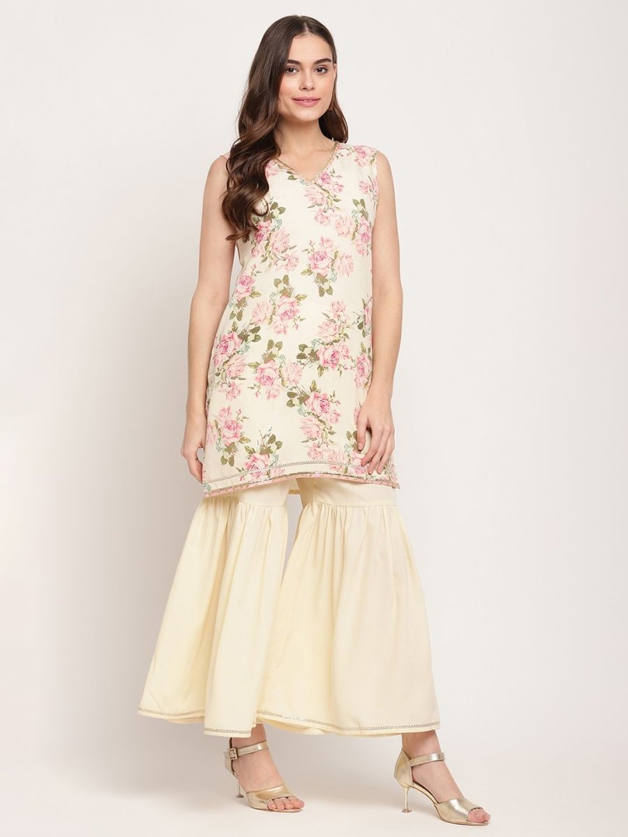 Ahalyaa Women's Beige Crepe Digital Floral Print Kurta Sharara Set with Dupatta | Swadesiicart