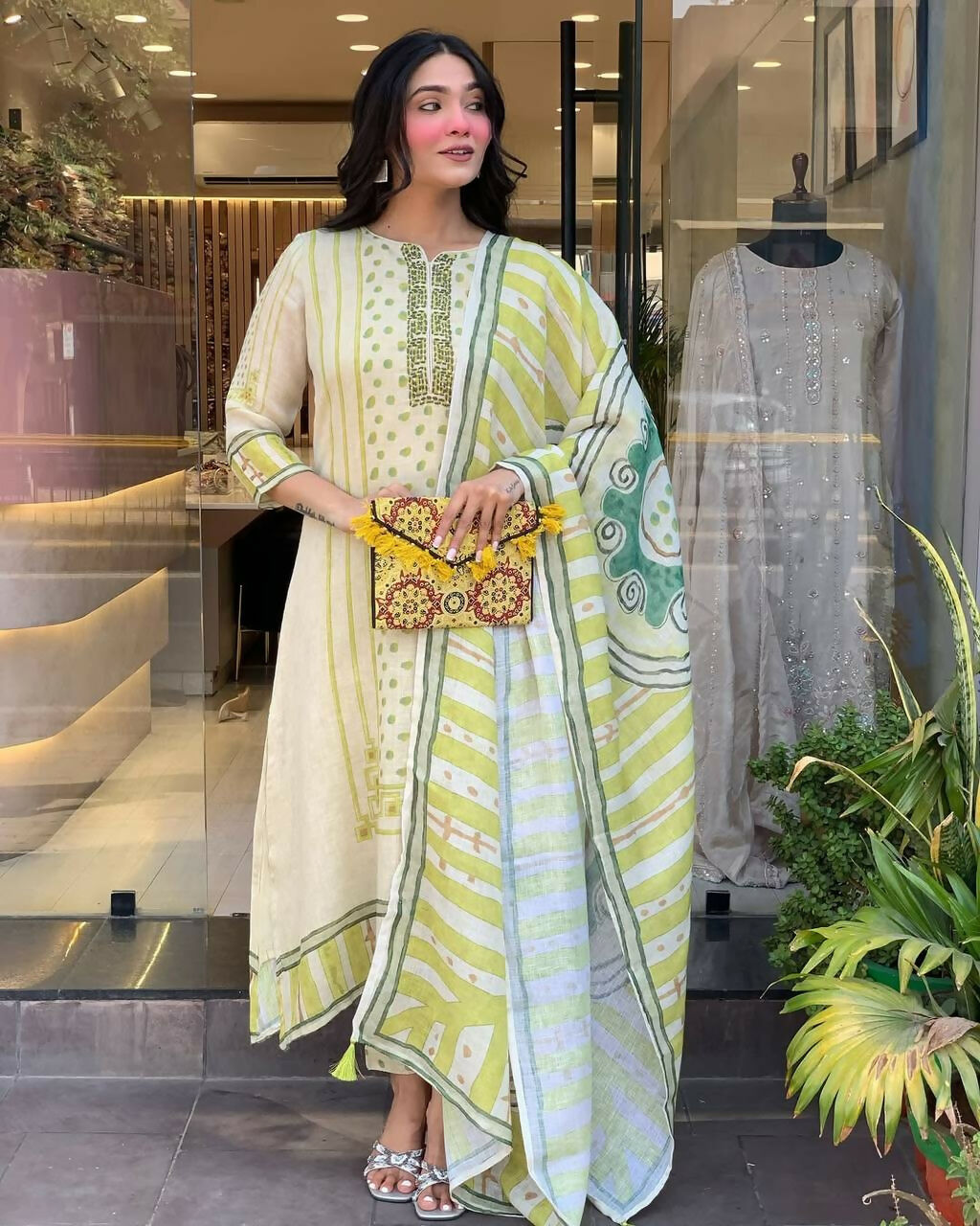 The52 Multi Women's Gorgeous Linen Silk Fabric Embroidered Work Straight Kurta Pant and Dupatta Set - Swadesiicart
