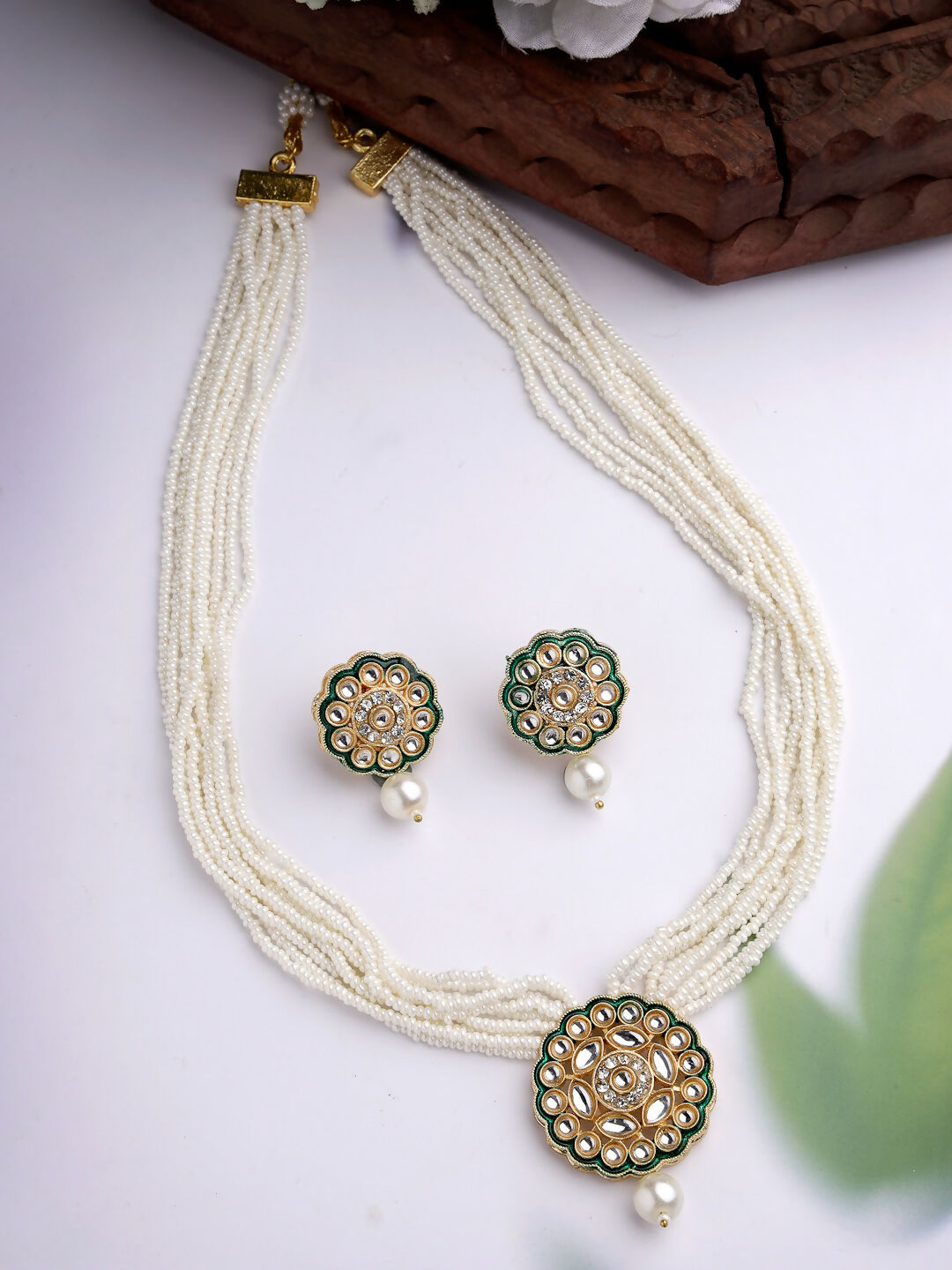 NVR Women's White & Gold-Polished Kundan & Pearl Jewellery Set - Swadesiicart