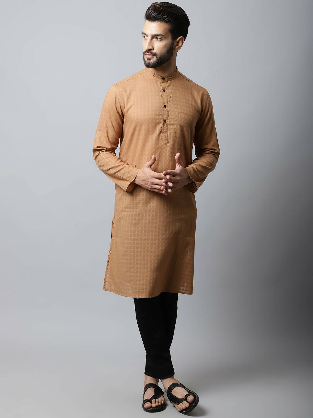 Even Apparels Brown Color Pure Cotton Men's Kurta With Band Collar (CHK1200) | Swadesiicart
