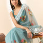 Blue Organza Floral Embroidered Saree with Unstitched Blouse Piece - Roozal