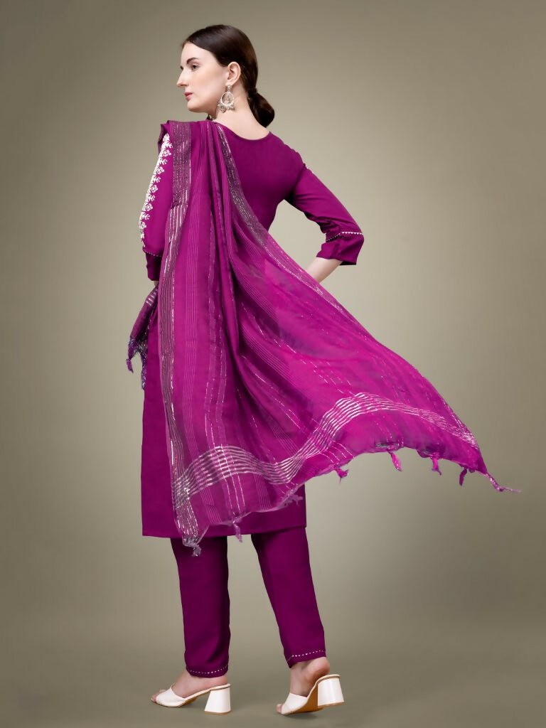Jyoti Fashion Women's Purple Cotton Blend Embroidery & Sequence work Kurta with Trouser & Dupatta | Swadesiicart