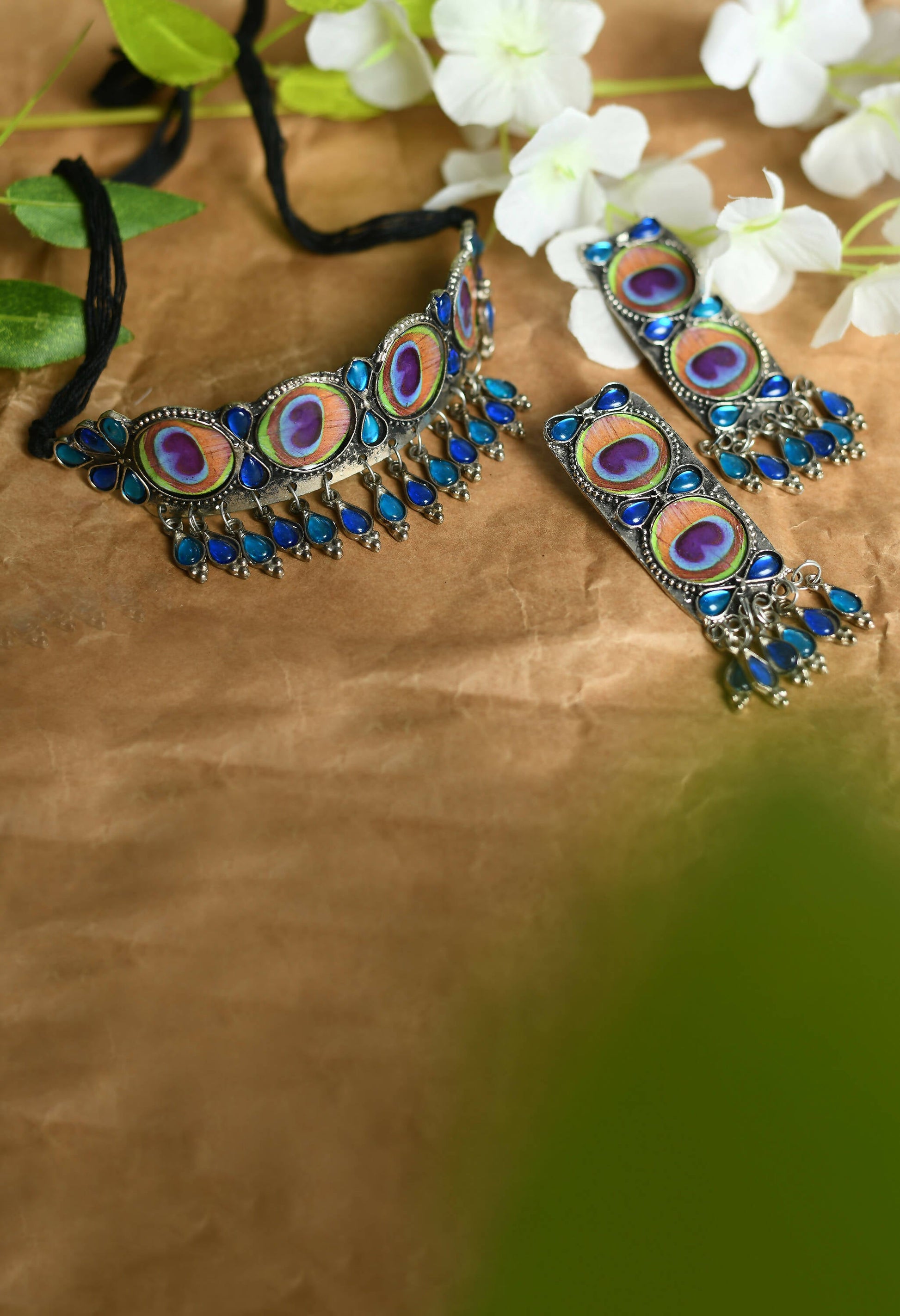 Mominos Fashion Johar Kamal Oxidised Silver-Plated Brass Finish Peacock Wings Choker For Women | Swadesiicart