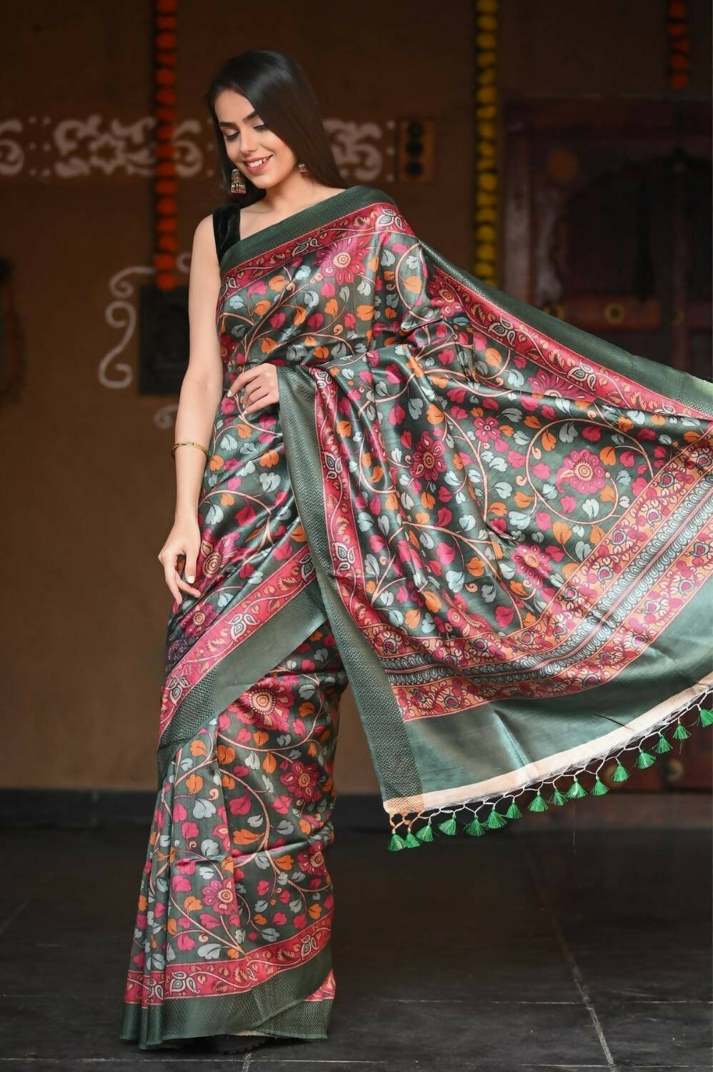 Very Much Indian Handloom Pure Tussar Silk With Floral Prints - Green | Swadesiicart