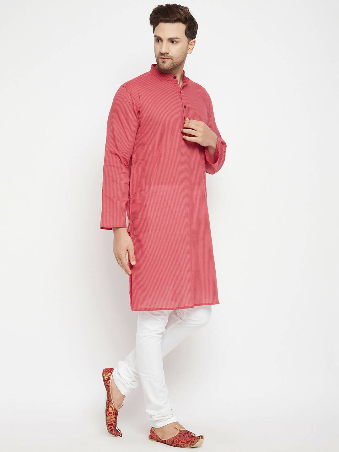 Even Apparels Rust Pure Cotton Long Men's Kurta With Band Collar | Swadesiicart