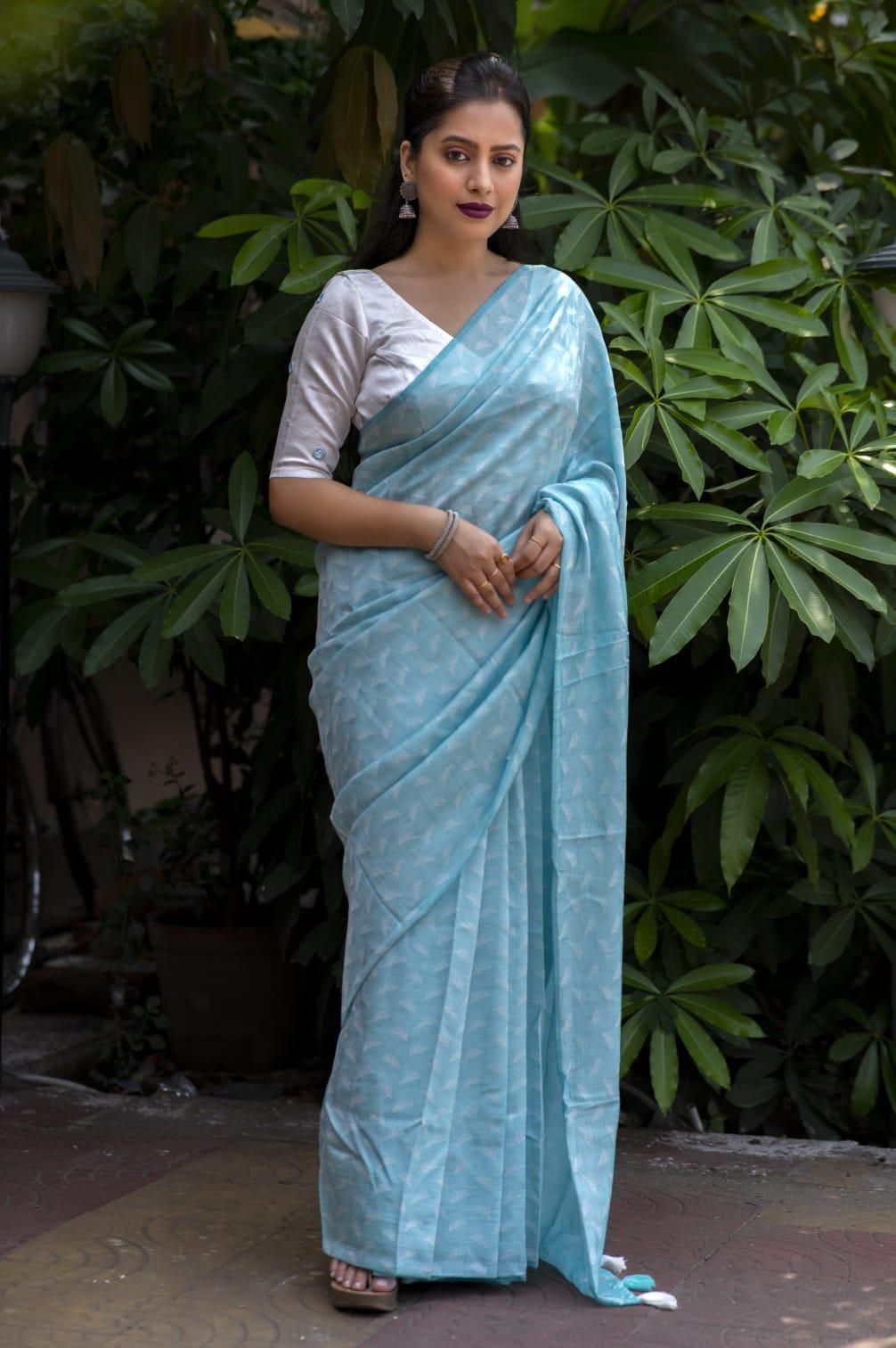 Sky Blue Poly Georgette Woven Design Saree with Unstitched Blouse - Hiral Fashion | Swadesiicart