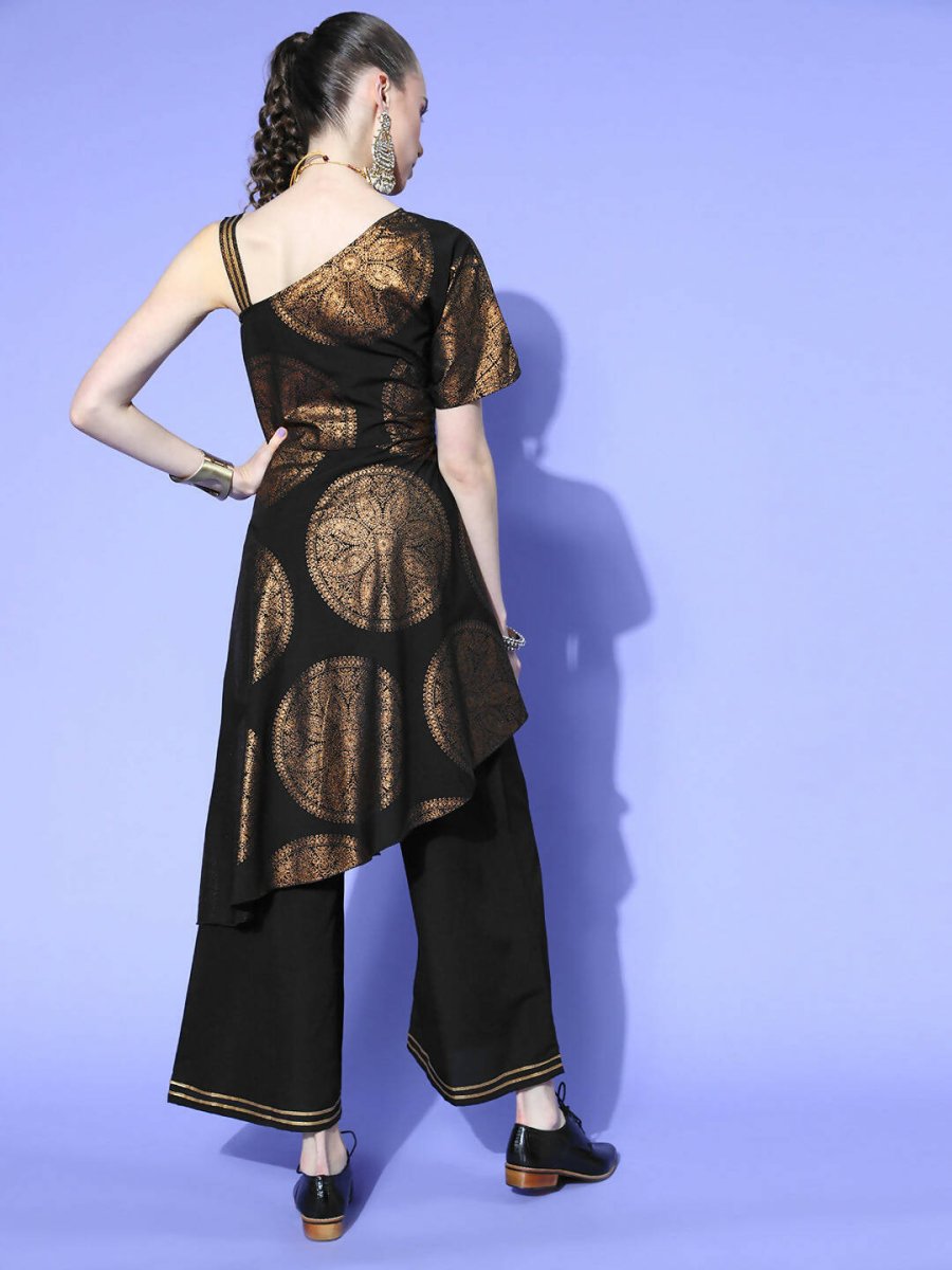 Ahalyaa Women Black Colour Crepe Printed Top Palazzo Set | Swadesiicart