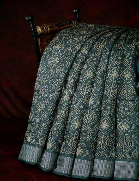 Bottle Green Printed Design Semi Chanderi Saree By Gayathri Reddy Designer Studio | Swadesiicart