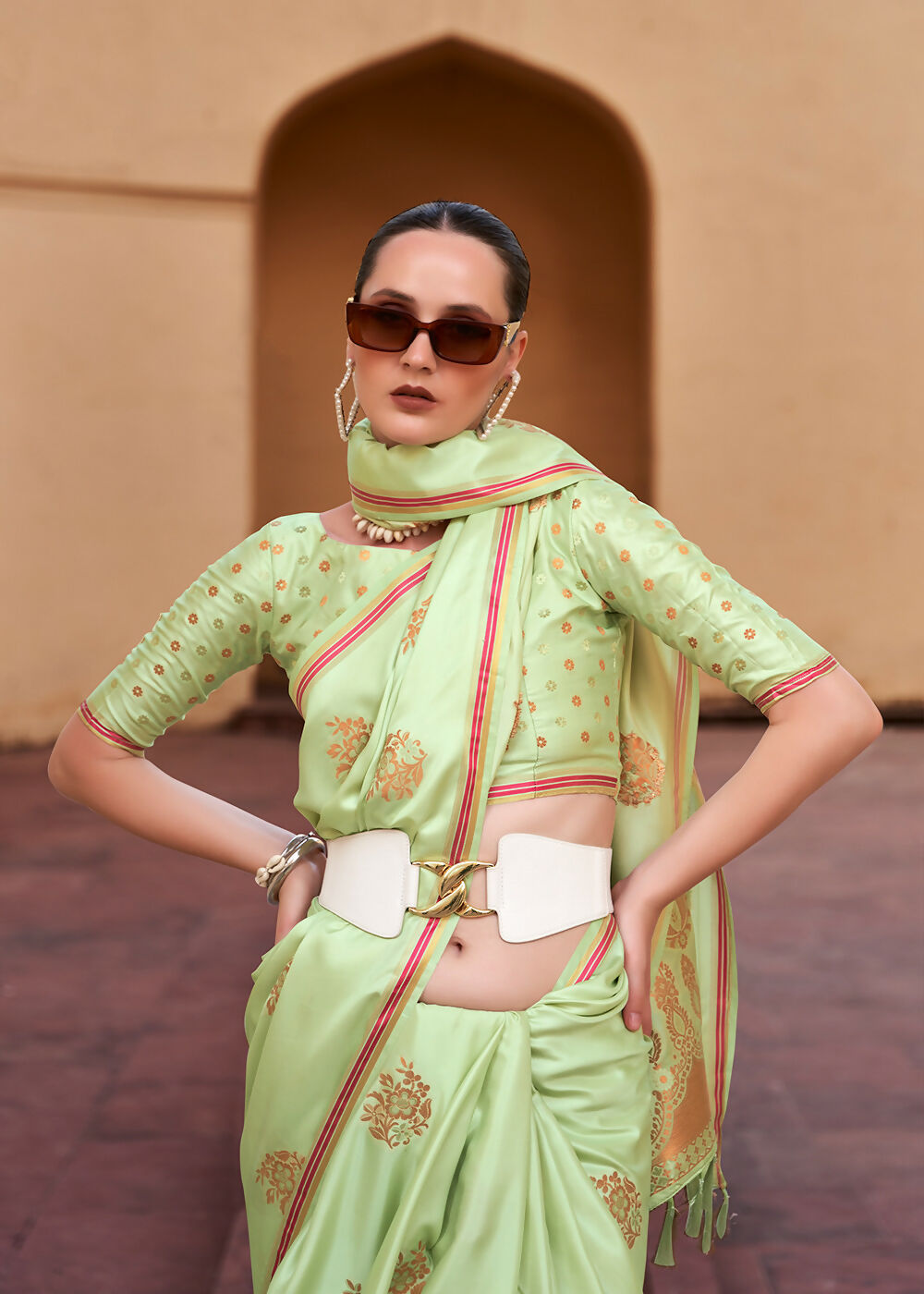 Sprout Green Pure Satin Zari Weaving Wedding Festive Saree - Emponline | Swadesiicart