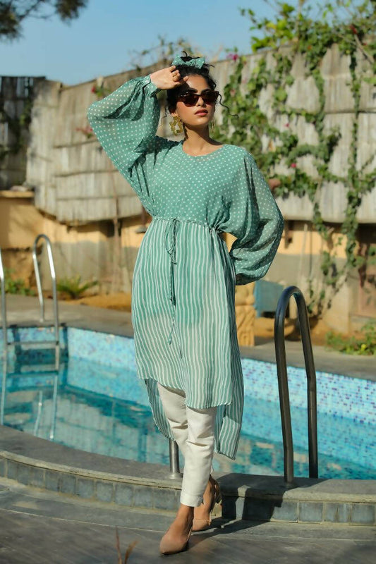 Juniper Women Sagegreen Georgette Bandhani High-Low Tunic | Swadesiicart