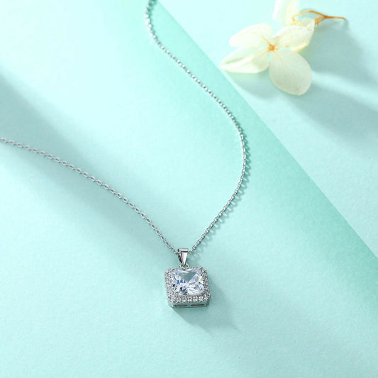 Cauer Radiant Moissanite Pendant Necklace in 925 Sterling Silver, White Gold Plated | Swadesiicart