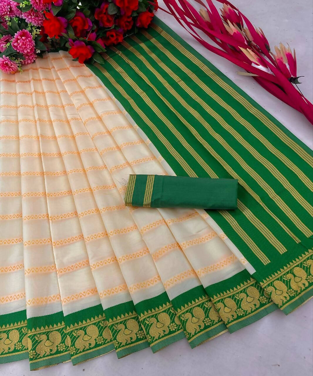 DEIANA'S Beautiful Designer Golden zari Soft Lichi Silk Saree - White - Swadesiicart