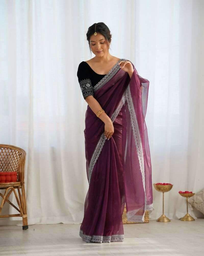 Attrctive Looking Gold Jari, Sequance Embroidery Work Twill Net Party Wear Saree - Wine