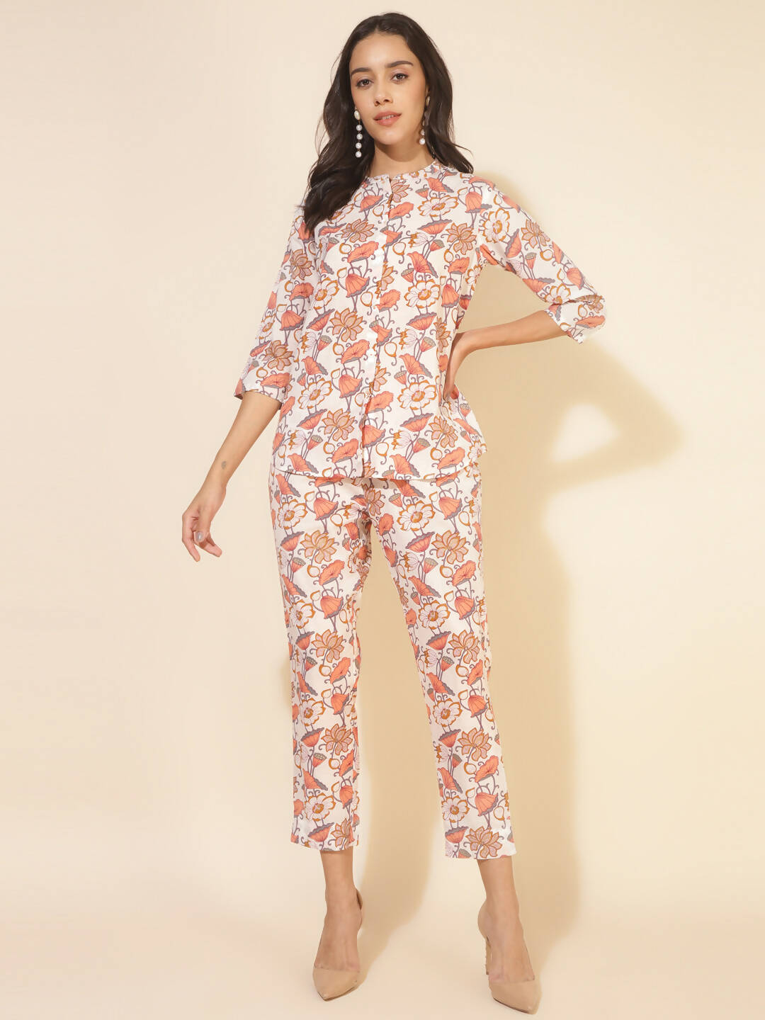 Janasya Women's White Cotton Floral Printed Casual A-Line Co-ords - Swadesiicart