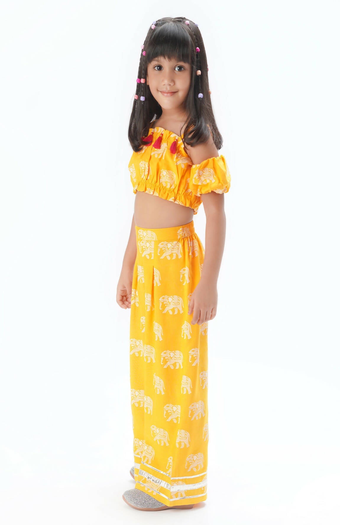 Lil Drama Trunk Tales Girls Yellow Crop Top With Pants Co-Ordinate Set - Swadesiicart