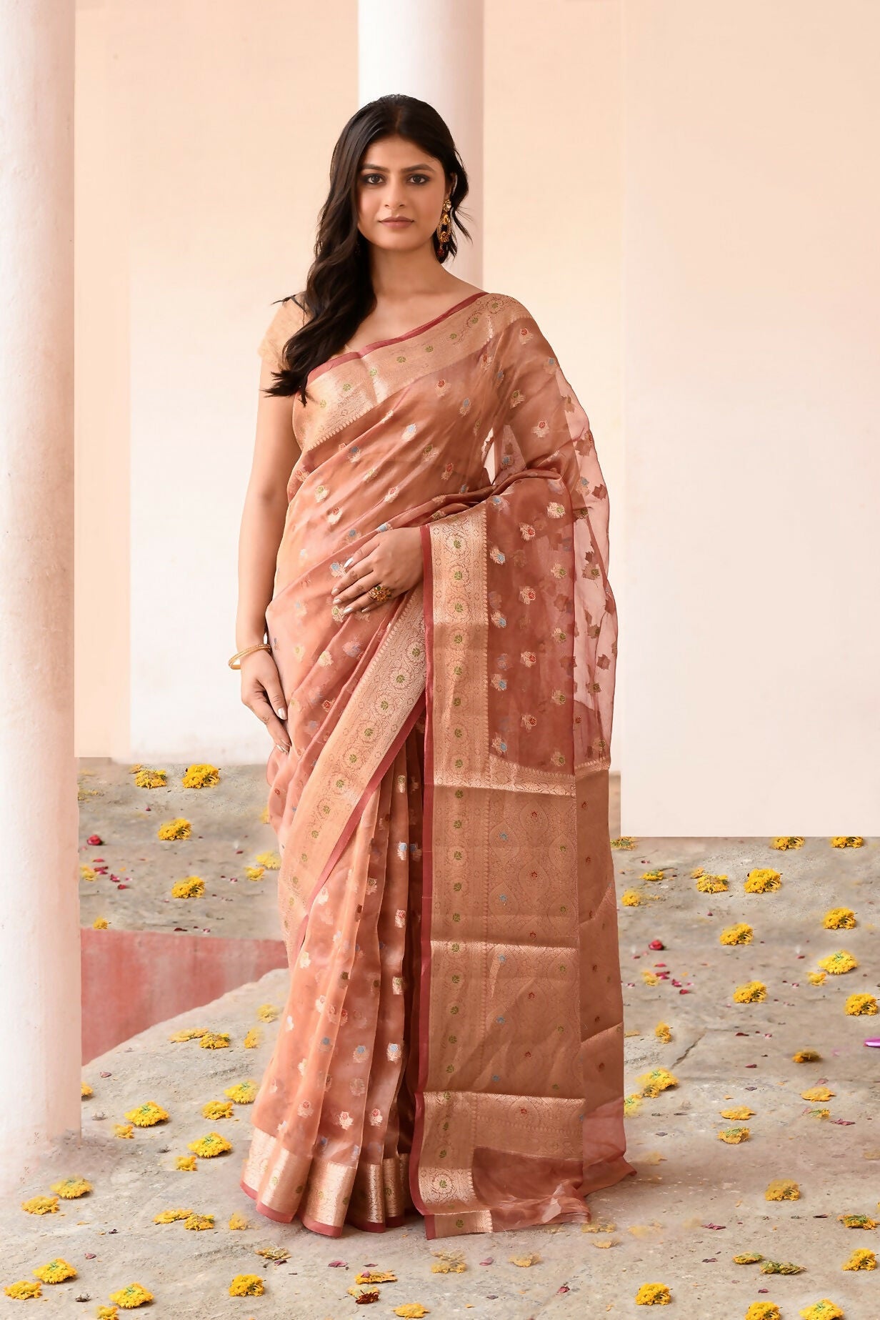 Joban Fashion Rose Gold Pure Banarasi Tissue Saree | Swadesiicart