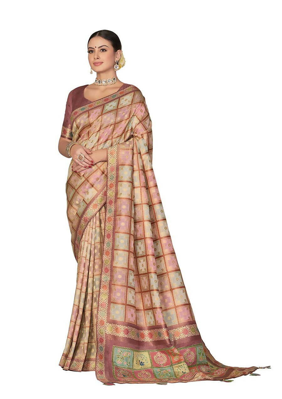 Peach Rangkat Tussar Silk Woven Design Saree with Unstitched Blouse - Mohmanthan Eshani | Swadesiicart
