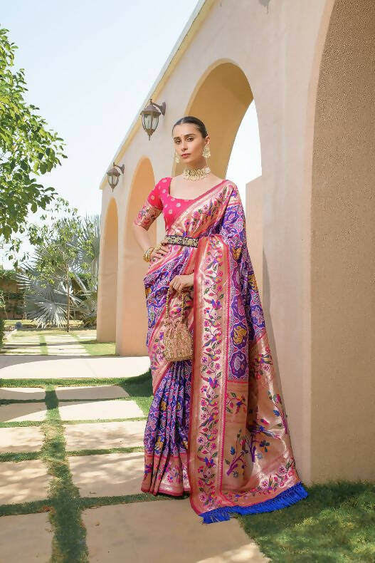 Vishnu Weaves Women's Purple Paithani Silk Zari Woven Saree with Unstitched Blouse - Swadesiicart