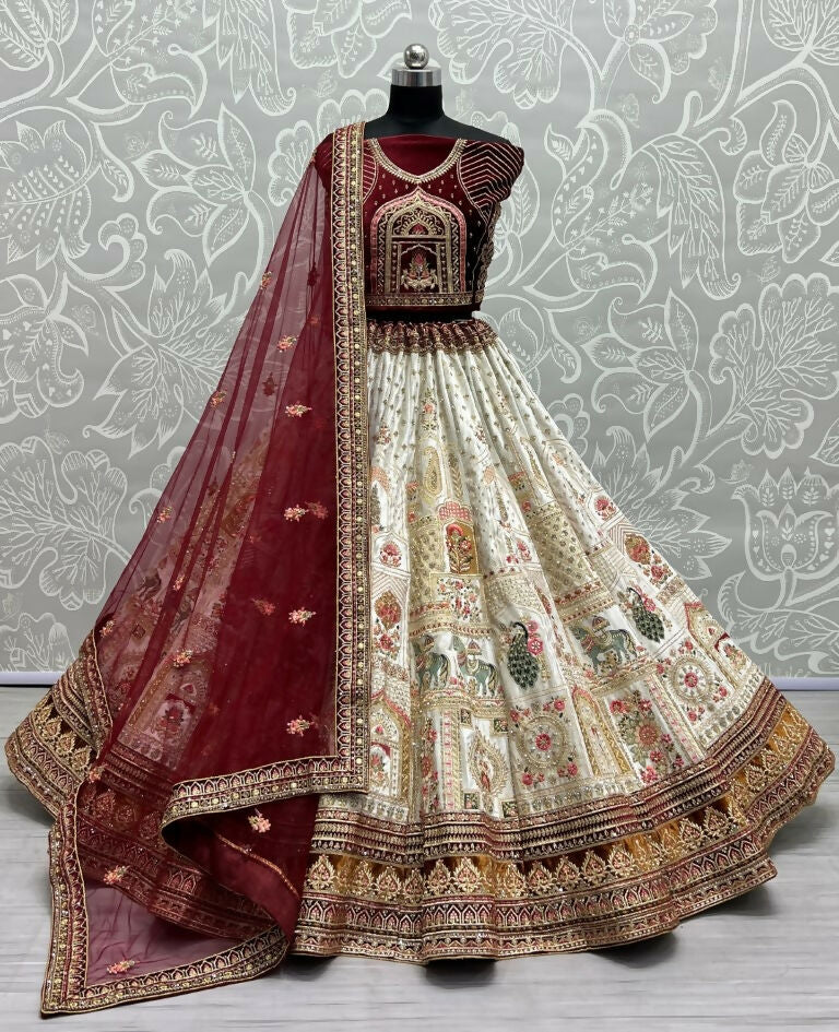 Jyoti Fashion Women's White Velvet Fancy Dori & Sequins with Multi Thread Embroidered with Diamond Work Wedding Lehenga Choli | Swadesiicart