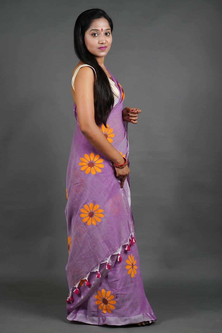 Exclusive Collection Pink Pure Cotton Saree With Sunflower Design - Swadesiicart