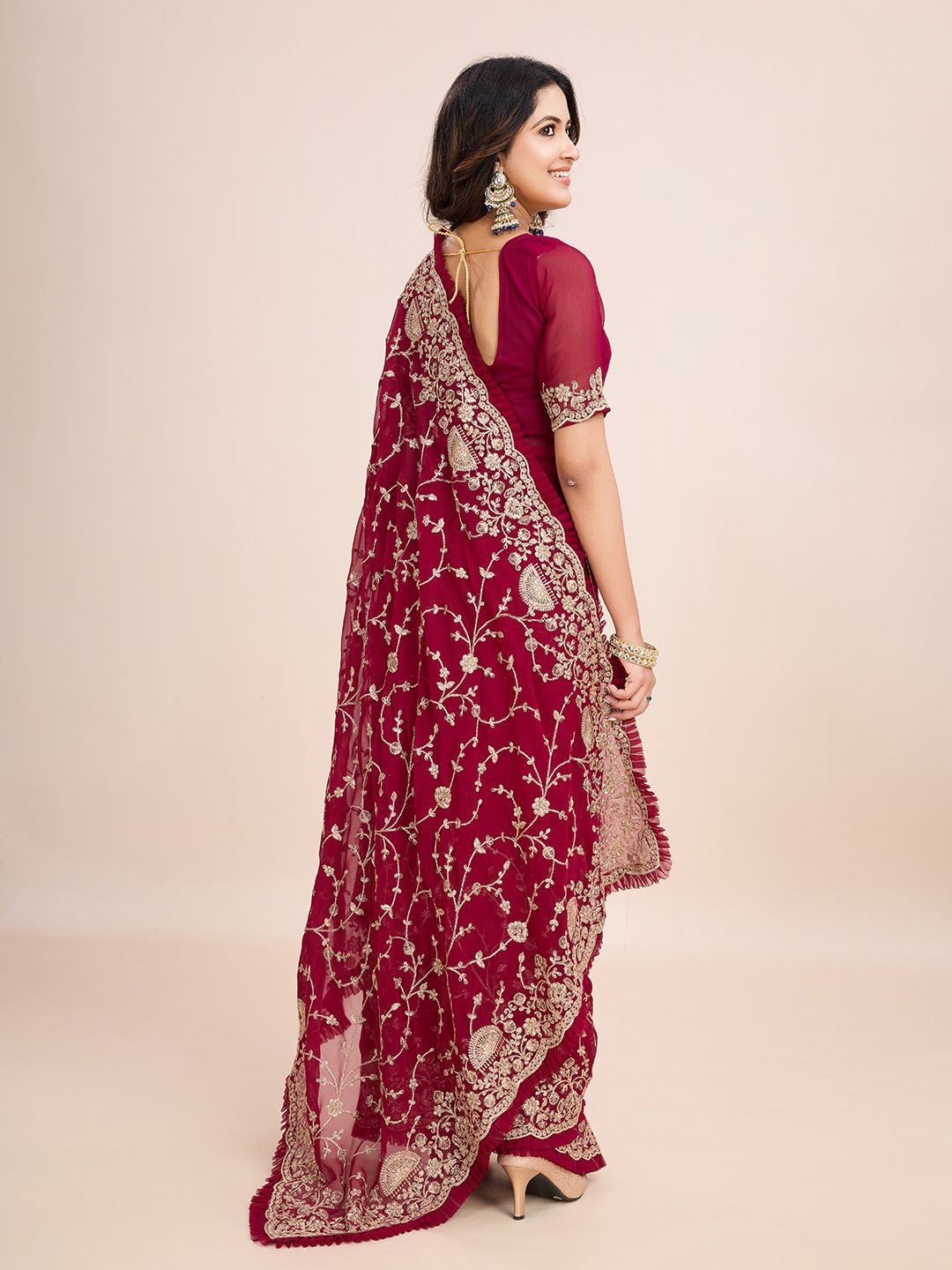 kasee Floral Embroidered Pure Georgette Ready to Wear Saree | Swadesiicart