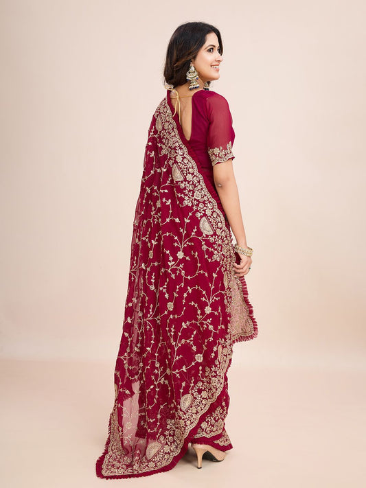 kasee Floral Embroidered Pure Georgette Ready to Wear Saree | Swadesiicart
