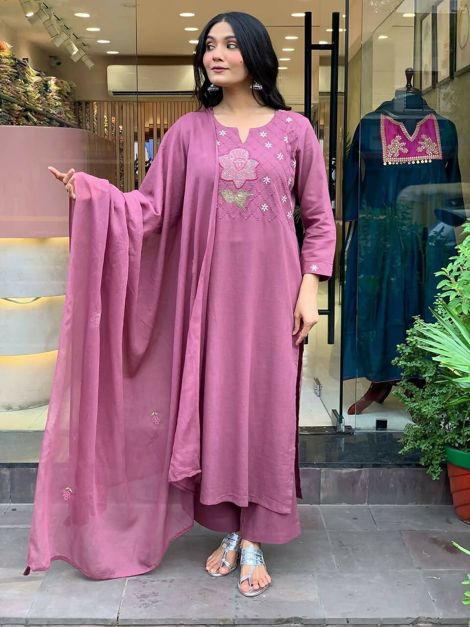 The52 Peach Women's Gorgeous Embroidered Cotton Fabric Straight Kurta Pant with Dupatta Set - Swadesiicart