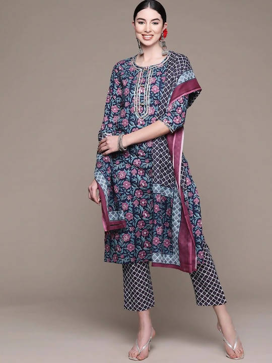 Anubhutee Blue Ethnic Motifs Printed Pure Cotton Kurta with Trousers & Dupatta | Swadesiicart