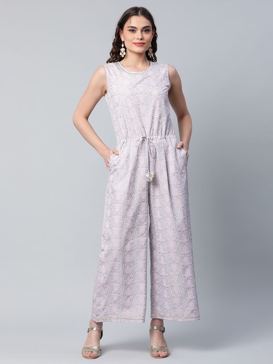 Ahalyaa Womens Blue Crepe Gold Printed Jumpsuit | Swadesiicart