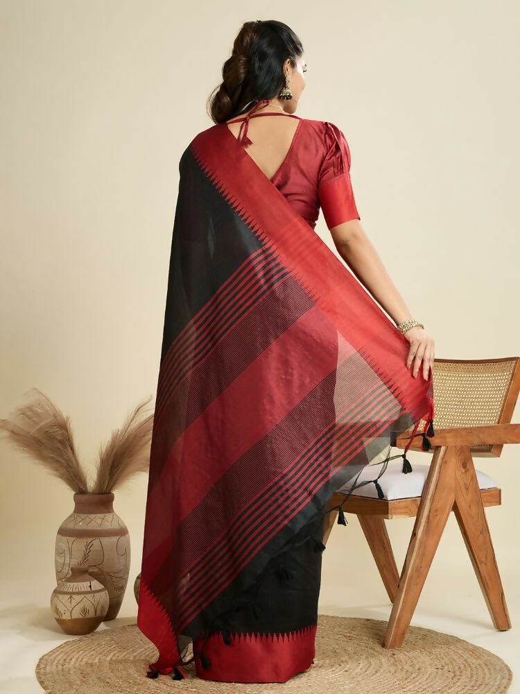 Vishnu Weaves Women's Black Raw Silk Thread Woven Saree with Blouse - Swadesiicart