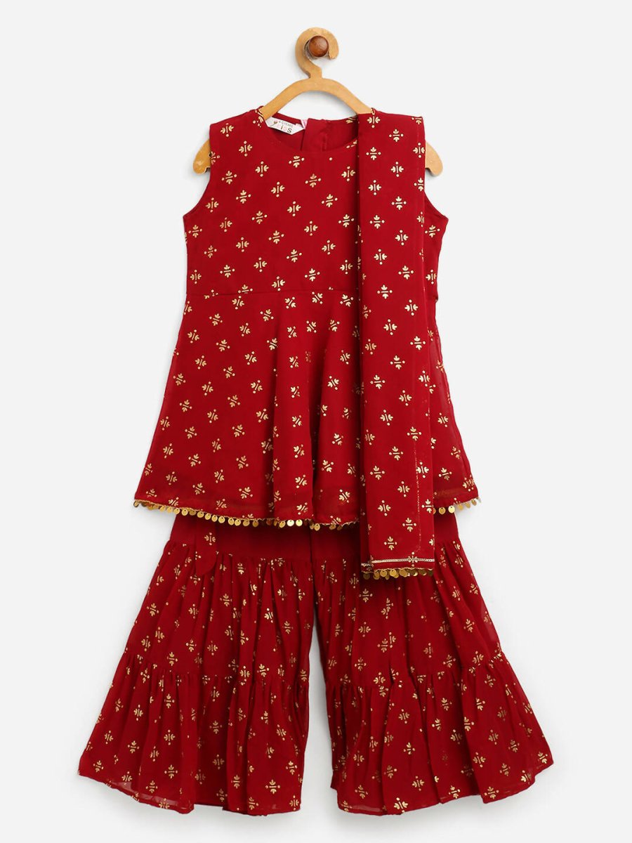 Ahalyaa Maroon Georgette Gold Foil Print Kids Peplum style Kurta Sharara Set With Dupatta For Girls | Swadesiicart