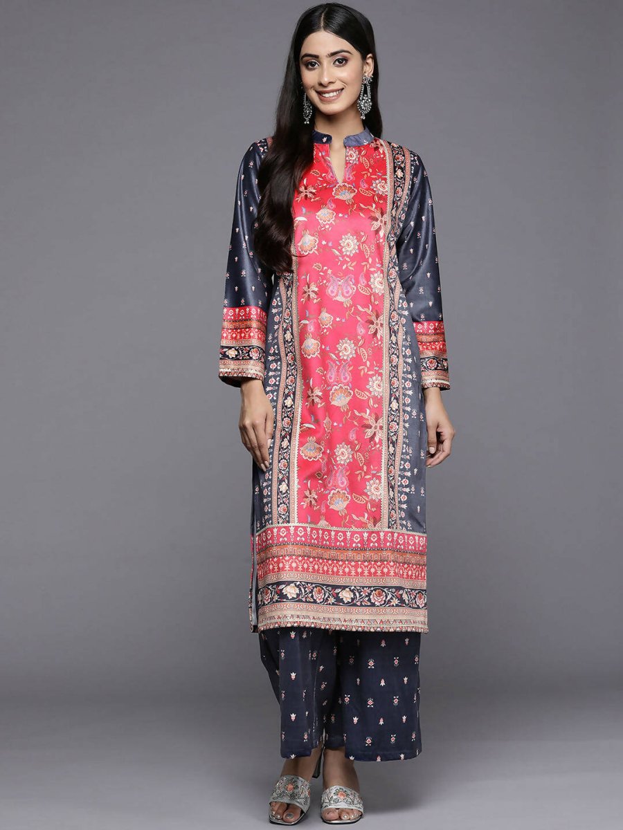 Ahalyaa Women Navy Blue Ethnic Motifs Printed Gotta Patti Velvet Kurta with Palazzos | Swadesiicart