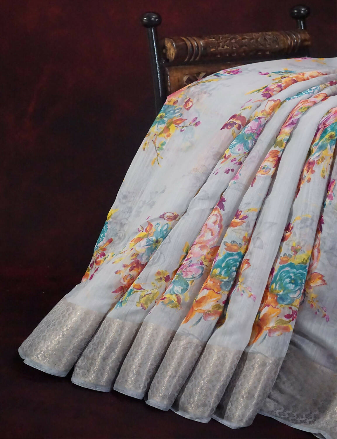 Shades Of Grey With Floral Design Semi Chanderi Saree By Gayathri Reddy Designer Studio | Swadesiicart