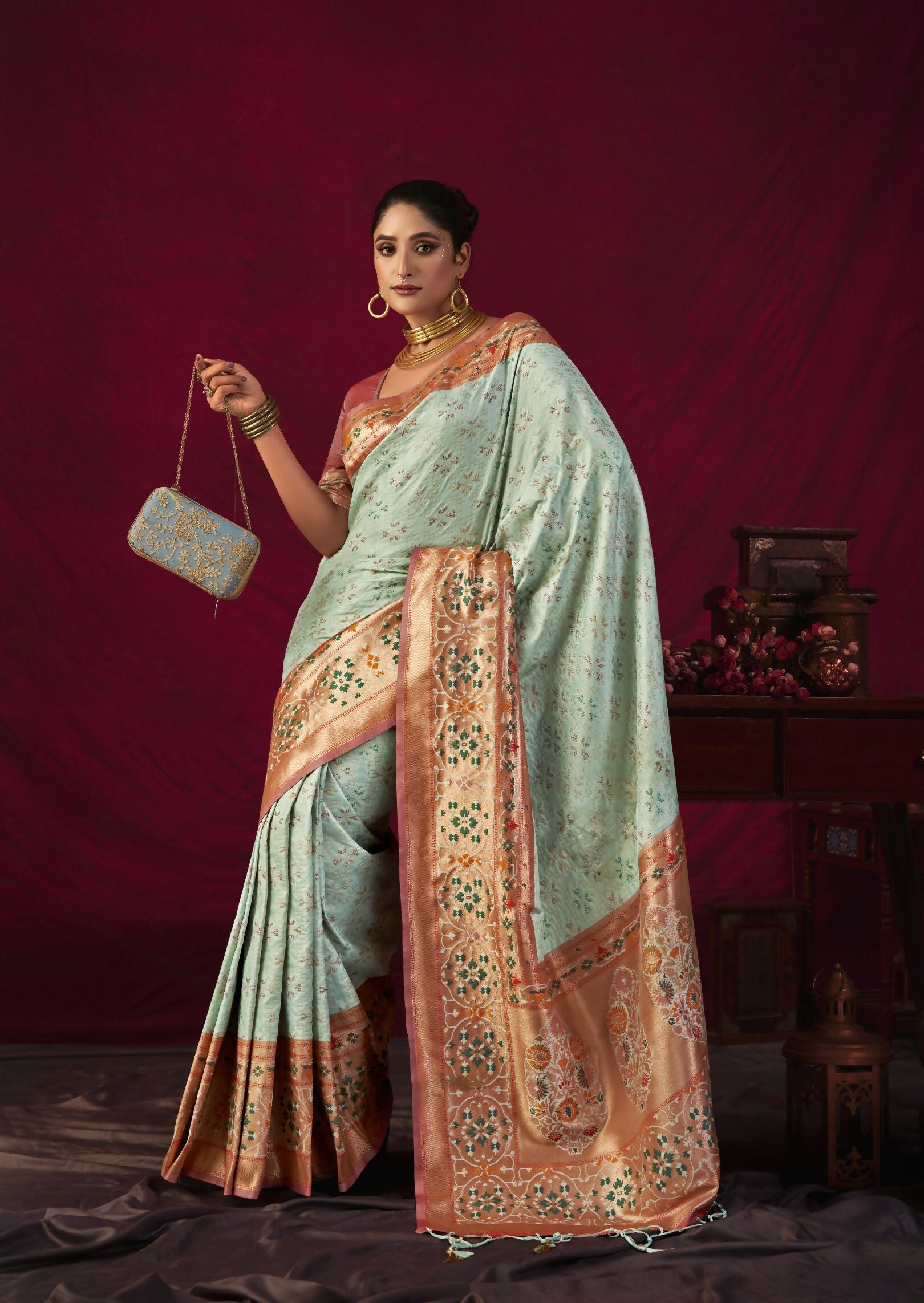 Vishnu Weaves Women's Sea-Green Paithani Silk Saree with Blouse - Swadesiicart