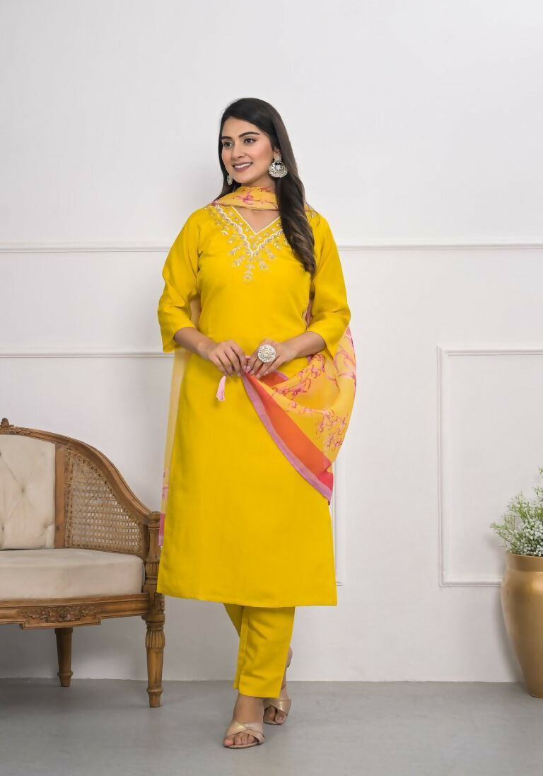 Yellow Viscose Silk Embroidery with Thread and sequence Stitched Suit With Dupatta - Tanisha | Swadesiicart