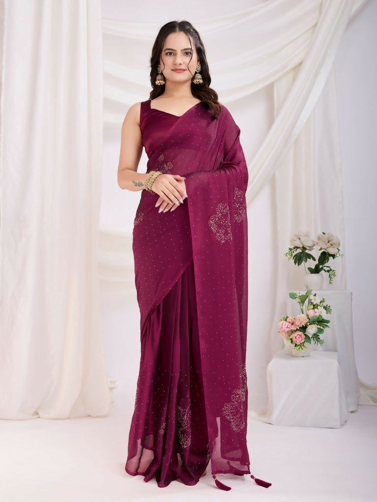 Maroon Rangoli Silk Diamond Work Ready To Wear Saree - Tamana | Swadesiicart
