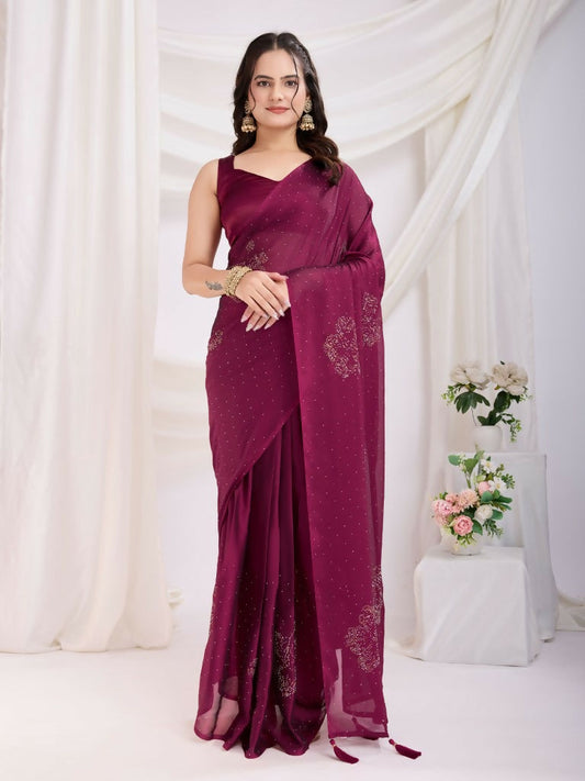 Maroon Rangoli Silk Diamond Work Ready To Wear Saree - Tamana | Swadesiicart