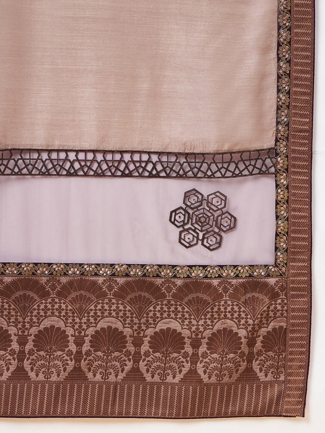 Beige, Purple Tussar Silk Zari, Thread And Cord Embroidery, Laser Cut Applique Saree - Norita Hit Design - Swadesiicart