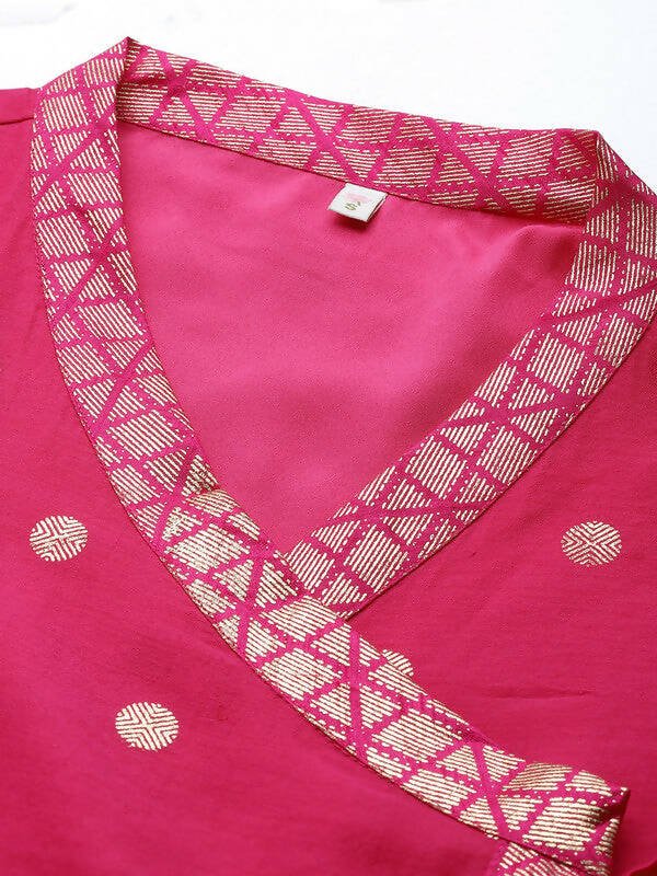 Ahalyaa Womens Pink Chanderi Printed Angrakha Style Tunic | Swadesiicart