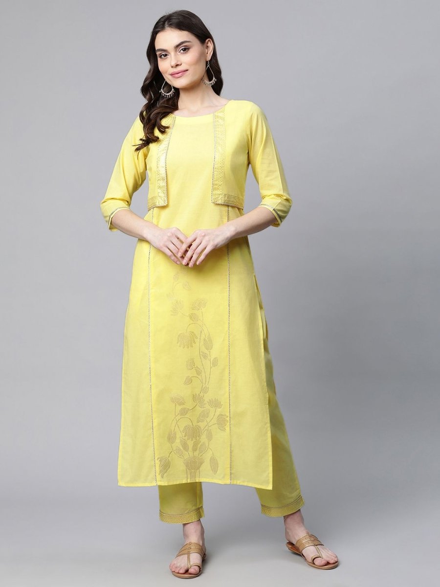 Ahalyaa Women Yellow Pure Cotton Printed Floral Kurta With Trousers | Swadesiicart
