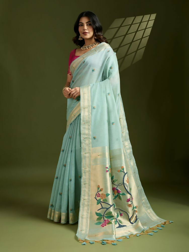 Vishnu Weaves Women's Firozi Muga Cotton Thread Woven Butti with Blouse - Swadesiicart