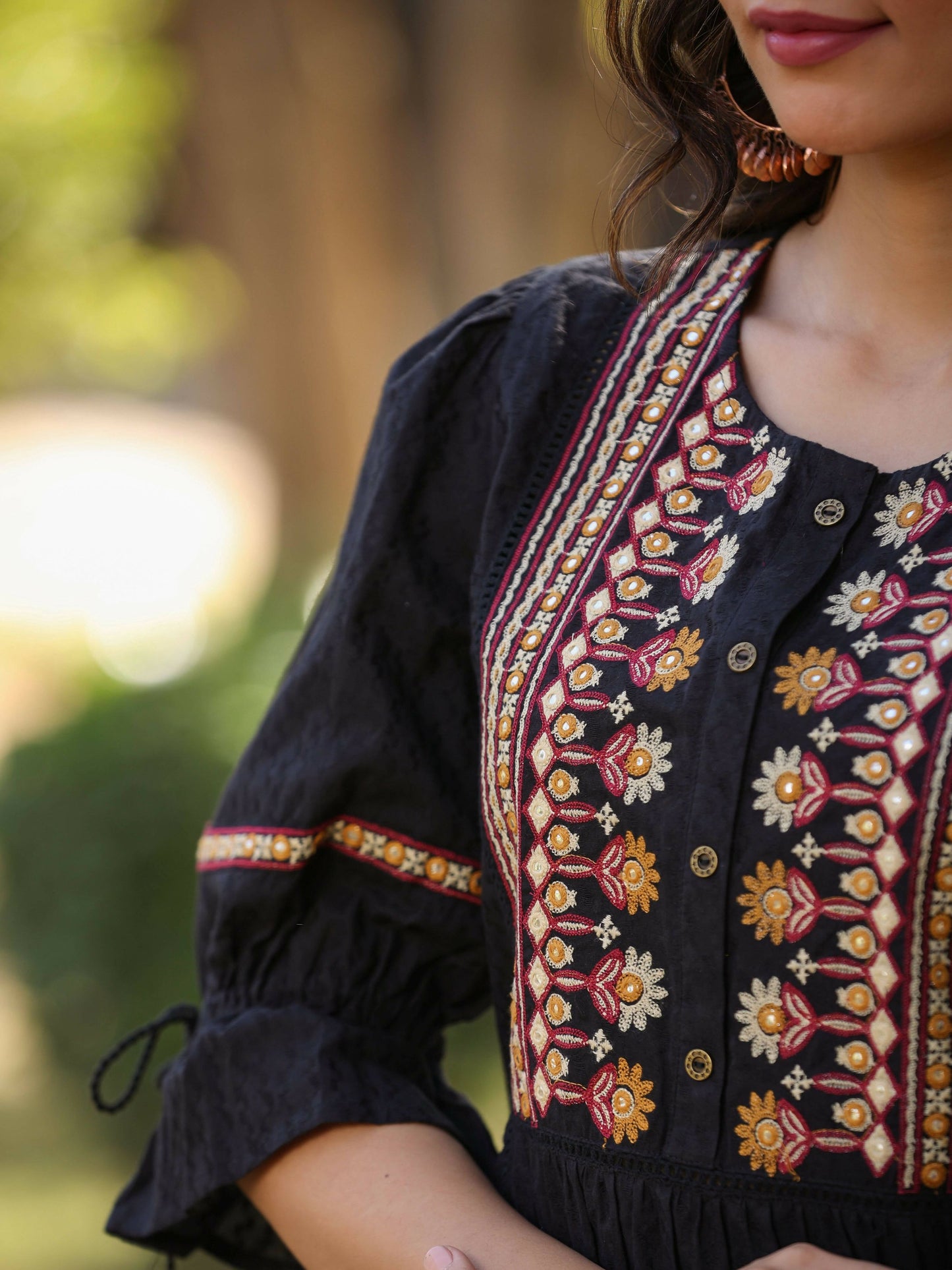 Juniper Women's Black Cotton Solid With Embroidered Straight Tunic | Swadesiicart